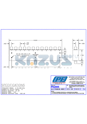 PE2005 datasheet - BNC FEMALE POWER DIVIDER FREQUENCY RANGE 2-500 MHz 12 OUTPUT PORTS, BNC FEMALE