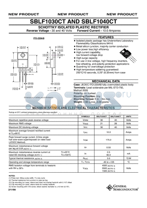 SBLF1040CT datasheet - SCHOTTKY ISOLATED PLASTIC RECTIFIER