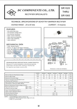 SR1020 datasheet - TECHNICAL SPECIFICATIONS OF SCHOTTKY BARRIER RECTIFIER