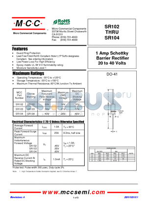 SR102 datasheet - 1 Amp Schottky Barrier Rectifier 20 to 40 Volts