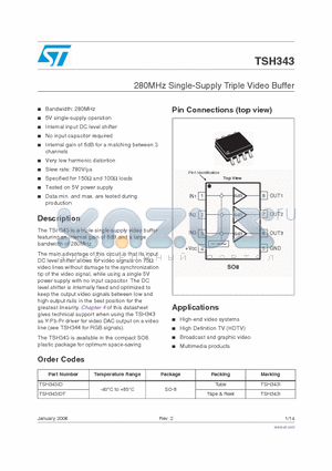 TSH343 datasheet - 280MHz Single - Supply Triple Video Buffer