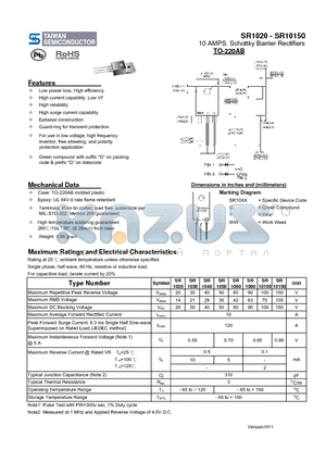 SR1020 datasheet - 10 AMPS. Schottky Barrier Rectifiers