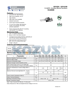 SR1020 datasheet - 10 AMPS. Schottky Barrier Rectifiers High reliability