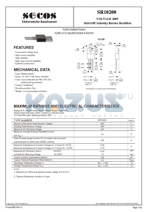 SR10200 datasheet - 10.0AMP Schottky Barrier Rectifiers