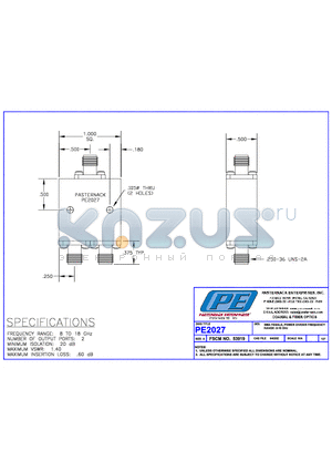 PE2027 datasheet - SMA FEMALE POWER DIVIDER FREQUENCY RANGE: 8*18 GHz