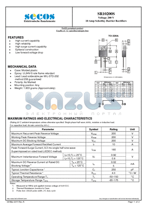 SR10200S datasheet - 10 Amp Schottky Barrier Rectifiers