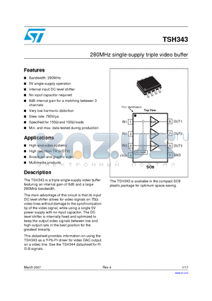 TSH343IDT datasheet - 280MHz single-supply triple video buffer