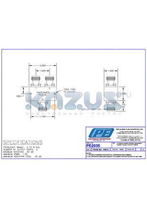 PE2035 datasheet - N FEMALE POWER DIVIDER, FREQUENCY RANGE:4-8 GHz 2 OUTPUT  PORTS