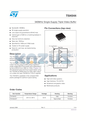 TSH344ID datasheet - 340MHz Single-Supply Triple Video Buffer