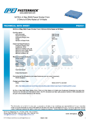 PE2031 datasheet - 50 Ohm 4 Way SMA Power Divider From 2 GHz to 8 GHz Rated at 10 Watts