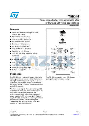 TSH345ID datasheet - Triple video buffer with selectable filter for HD and SD video applications