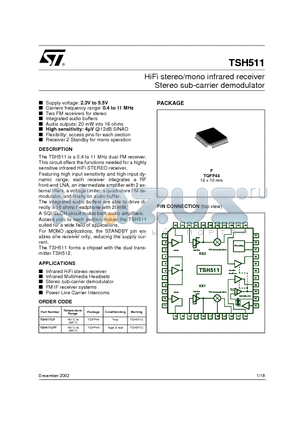 TSH511CFT datasheet - HiFi stereo/mono infrared receiver Stereo sub-carrier demodulator