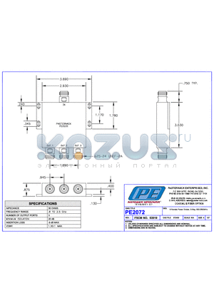 PE2072 datasheet - N FEMALE POWER DIVIDER 3-WAY 800-2500MHz