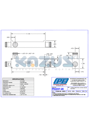 PE2237-20 datasheet - N FEMALE DIRECTIONAL COUPLER 800-2500 MHZ, 20DB