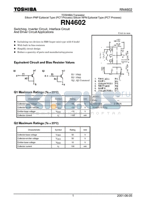 RN4602 datasheet - TOSHIBA Transistor Silicon PNP Epitaxial Type (PCT Process) Silicon NPN Epitaxial Type (PCT Process)