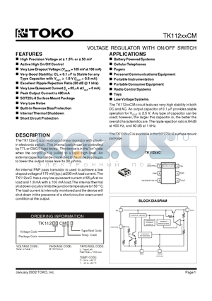 TK112XXCM datasheet - VOLTAGE REGULATOR WITH ON/OFF SWITCH