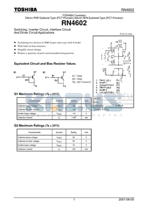 RN4602 datasheet - Switching, Inverter Circuit, Interface Circuit And Driver Circuit Applications