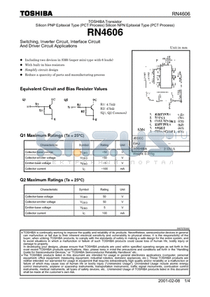 RN4606 datasheet - Silicon PNP Epitaxial Type (PCT Process) Silicon NPN Epitaxial Type (PCT Process)