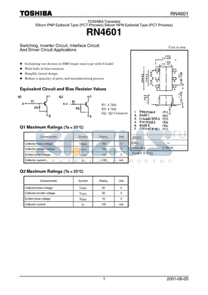 RN4601 datasheet - Switching, Inverter Circuit, Interface Circuit And Driver Circuit Applications