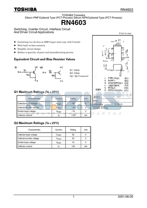 RN4603 datasheet - TOSHIBA Transistor Silicon PNP Epitaxial Type (PCT Process) Silicon NPN Epitaxial Type (PCT Process)