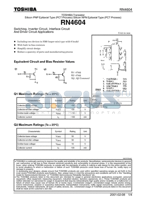 RN4604 datasheet - Switching, Inverter Circuit, Interface Circuit And Driver Circuit Applications
