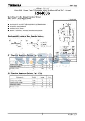 RN4606_07 datasheet - Silicon PNP Epitaxial Type (PCT Process) Silicon NPN Epitaxial Type (PCT Process)