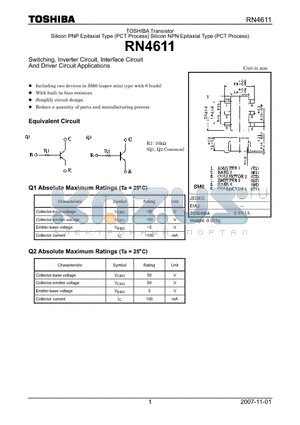 RN4611 datasheet - Silicon PNP Epitaxial Type (PCT Process) Silicon NPN Epitaxial Type (PCT Process)