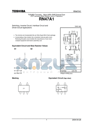 RN47A1 datasheet - Switching, Inverter Circuit, Interface Circuit and Driver Circuit Applications