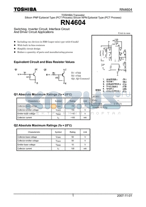 RN4604_07 datasheet - Silicon PNP Epitaxial Type (PCT Process) Silicon NPN Epitaxial Type (PCT Process)