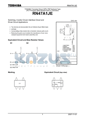 RN47A1JE datasheet - Switching, Inverter Circuit, Interface Circuit and Driver Circuit Applications