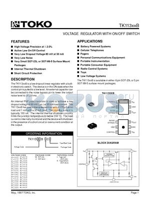 TK11321BUCB datasheet - VOLTAGE REGULATOR WITH ON/OFF SWITCH