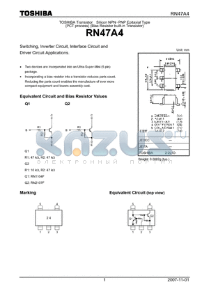 RN47A4 datasheet - Switching, Inverter Circuit, Interface Circuit and Driver Circuit Applications.