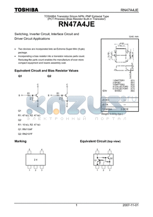RN47A4JE datasheet - Switching, Inverter Circuit, Interface Circuit and Driver Circuit Applications