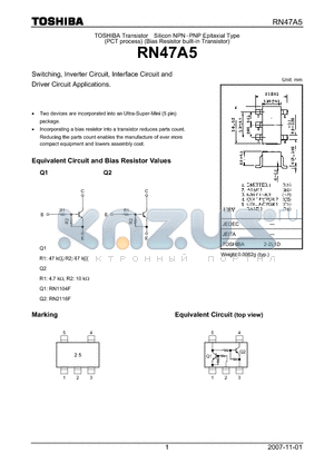 RN47A5 datasheet - Switching, Inverter Circuit, Interface Circuit and Driver Circuit Applications.