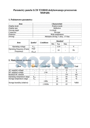 T218010 datasheet - Parametry panelu LCD T218010 dedykowanego procesorom