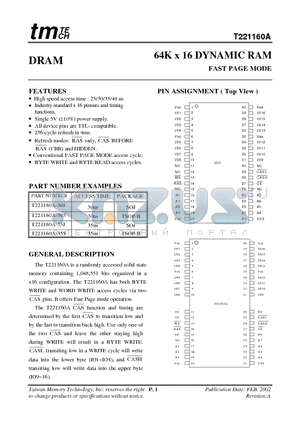 T221160A-30J datasheet - 64K x 16 DYNAMIC RAM FAST PAGE MODE
