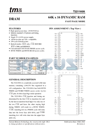 T221160A-35J datasheet - 64K x 16 DYNAMIC RAM FAST PAGE MODE