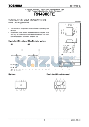 RN4908FE datasheet - Switching, Inverter Circuit, Interface Circuit and Driver Circuit Applications