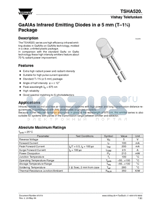 TSHA5201 datasheet - GaAlAs Infrared Emitting Diodes in ^5 mm (T-13/4) Package