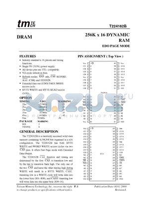 T224162B-35 datasheet - 256K x 16 DYNAMIC RAM EDO PAGE MODE