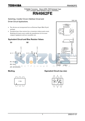 RN4962FE datasheet - TOSHIBA Transistor Silicon NPNgPNP Epitaxial Type (PCT process) (Bias Resistor built-in Transistor)