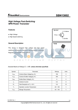 SBN13002-2 datasheet - High Voltage Fast-Switching NPN Power Transistor