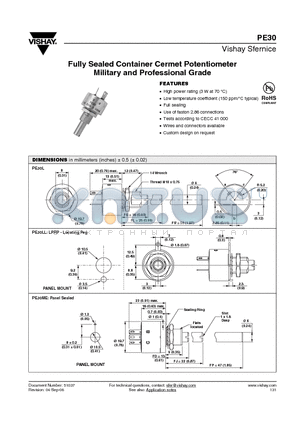 PE30 datasheet - Fully Sealed Container Cermet Potentiometer Military and Professional Grade
