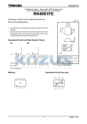 RN4981FE datasheet - Switching, Inverter Circuit, Interface Circuit and Driver Circuit Applications