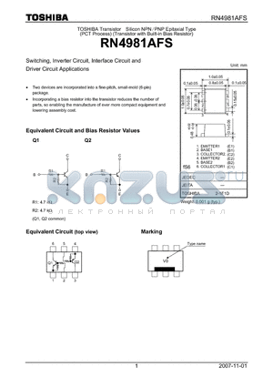 RN4981AFS datasheet - Switching, Inverter Circuit, Interface Circuit and Driver Circuit Applications