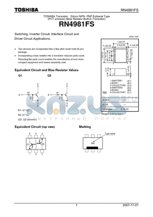 RN4981FS datasheet - Switching, Inverter Circuit, Interface Circuit and Driver Circuit Applications.
