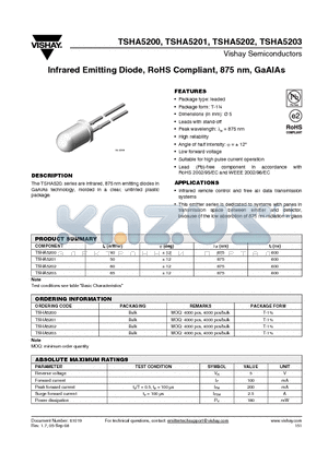 TSHA5202 datasheet - Infrared Emitting Diode, RoHS Compliant, 875 nm, GaAlAs