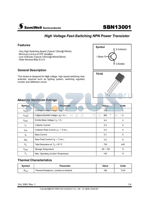 SBN13001 datasheet - High Voltage Fast-Switching NPN Power Transistor