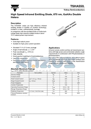 TSHA5500 datasheet - High Speed Infrared Emitting Diode, 870 nm, GaAlAs Double Hetero