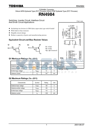 RN4984 datasheet - Switching, Inverter Circuit, Interface Circuit And Driver Circuit Applications